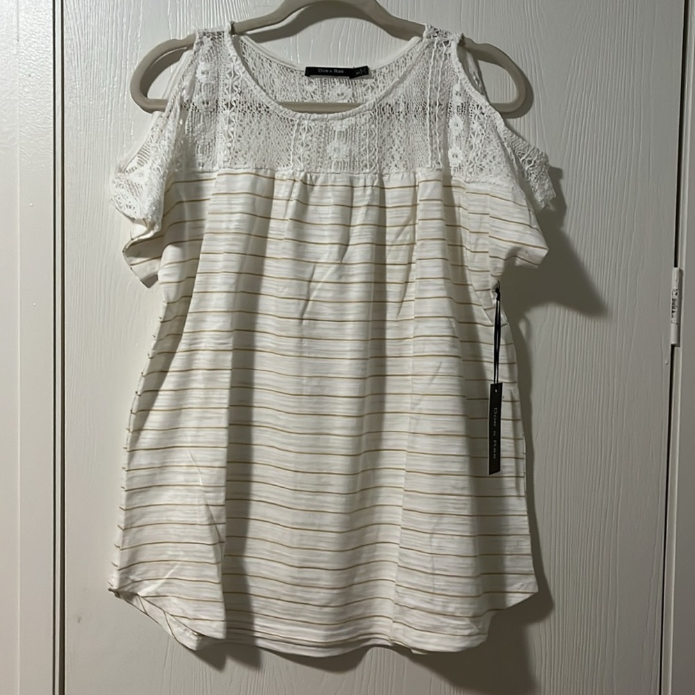 NWT Doe & Rae Tan & White Striped Cotton Cold Shoulder Tee Shirt Large